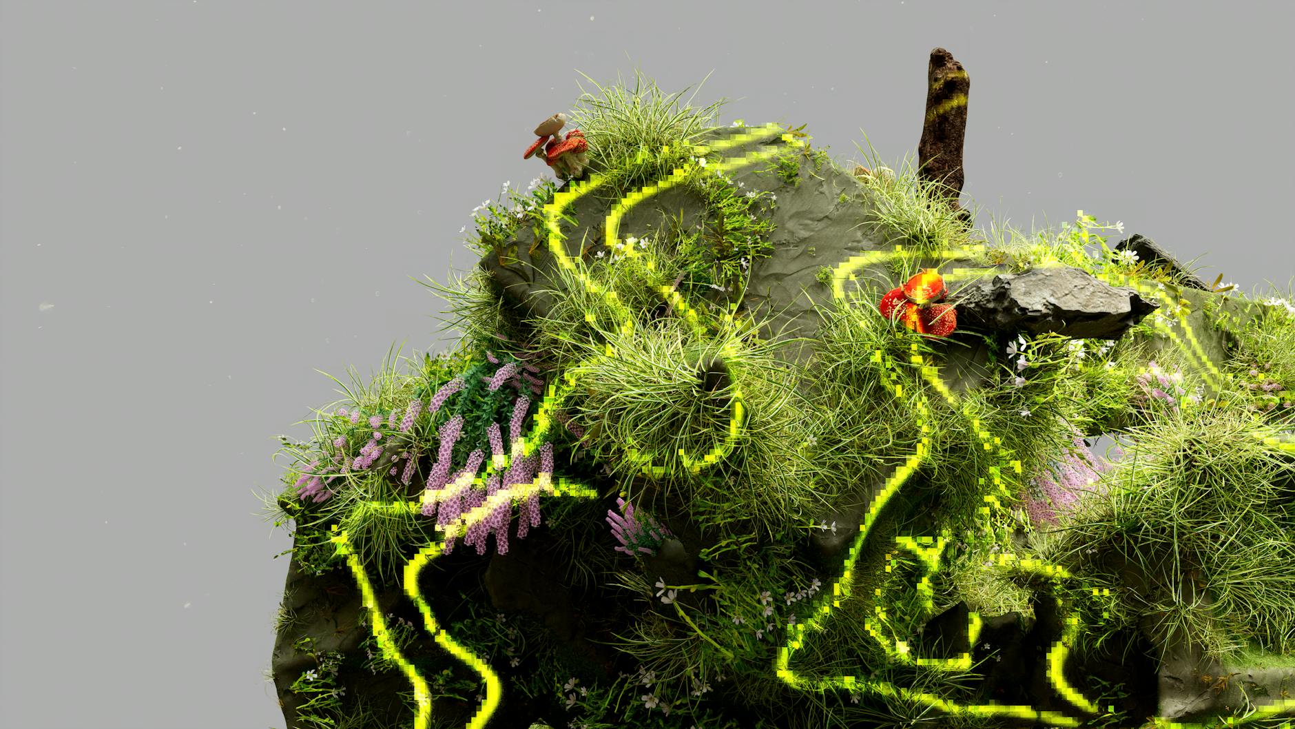 A conceptual landscape blending nature with digital AI elements.