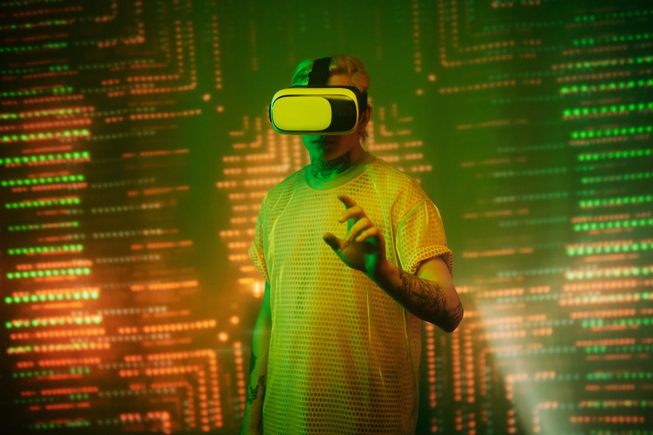 about-03 Person immersed in virtual reality, illuminated by vibrant lights, in a futuristic tech environment.